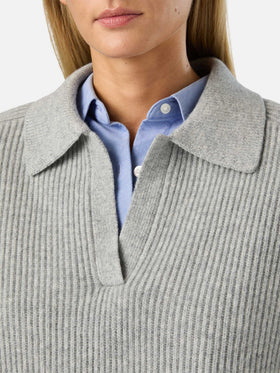 Grauer Strickpullover Yaoni aus Wolle mit Polokragen 