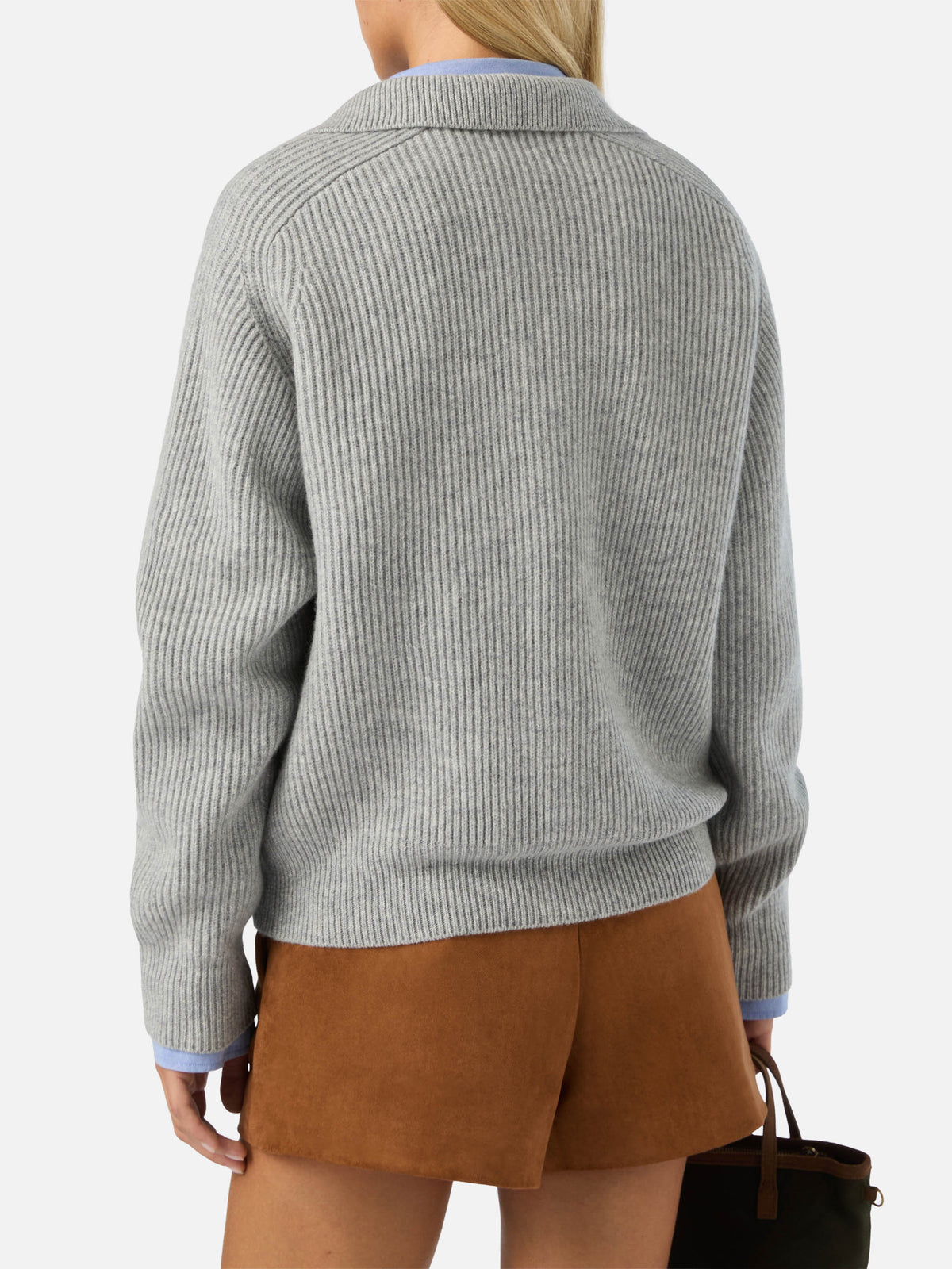 Grauer Strickpullover Yaoni aus Wolle mit Polokragen 