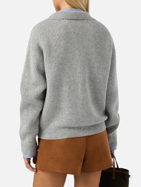 Grauer Strickpullover Yaoni aus Wolle mit Polokragen 