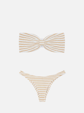 Yulia Elise bandeau crinkle bikini with regular swim briefs and striped print