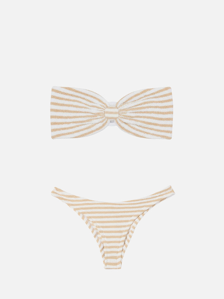 Yulia Elise bandeau crinkle bikini with regular swim briefs and striped print