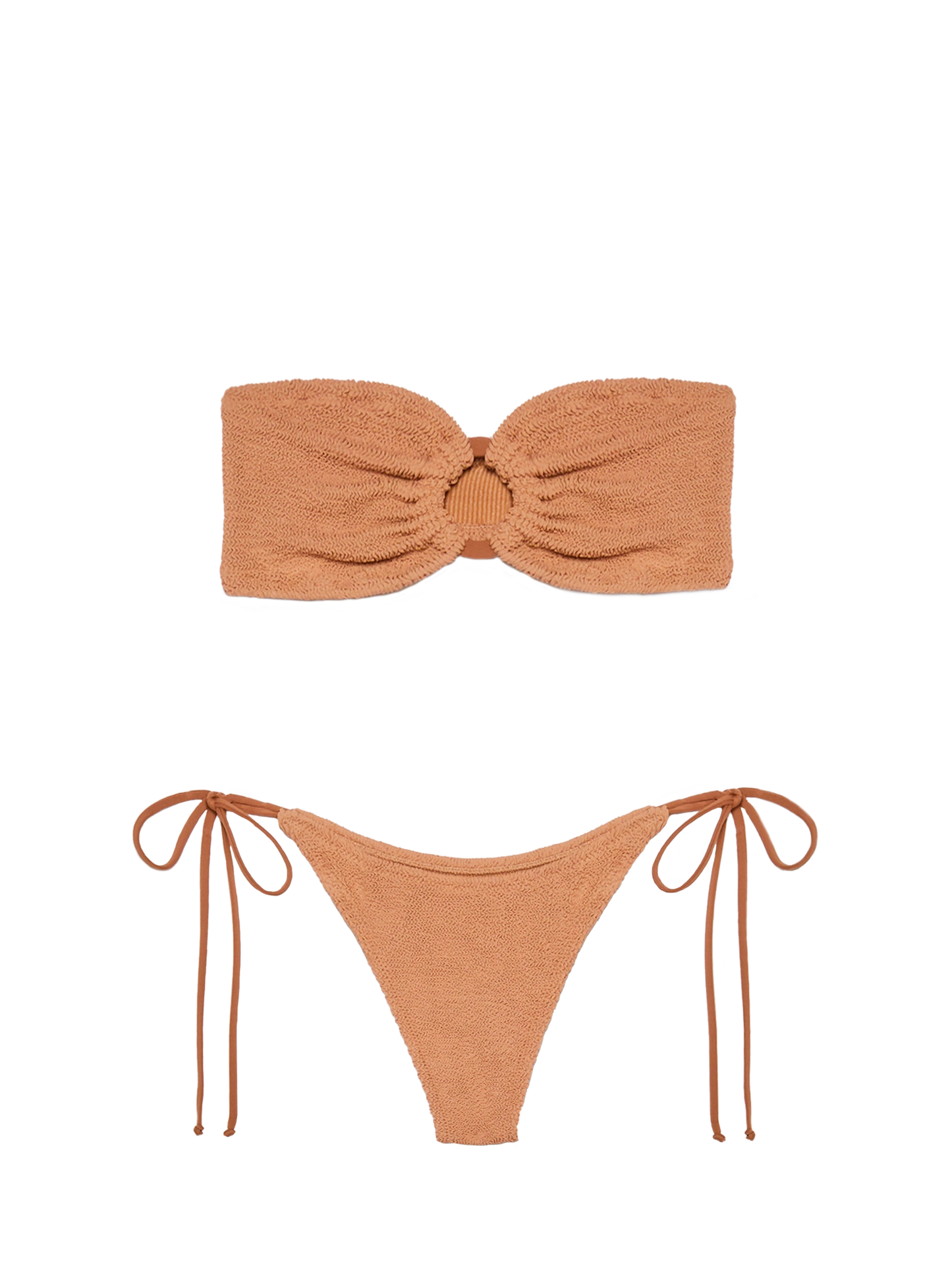Bikini Yulia Norah in crinkle marrone caramello con top a fascia e slip molto sgambati