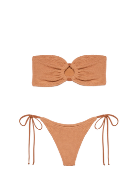 Bikini Yulia Norah in crinkle marrone caramello con top a fascia e slip molto sgambati
