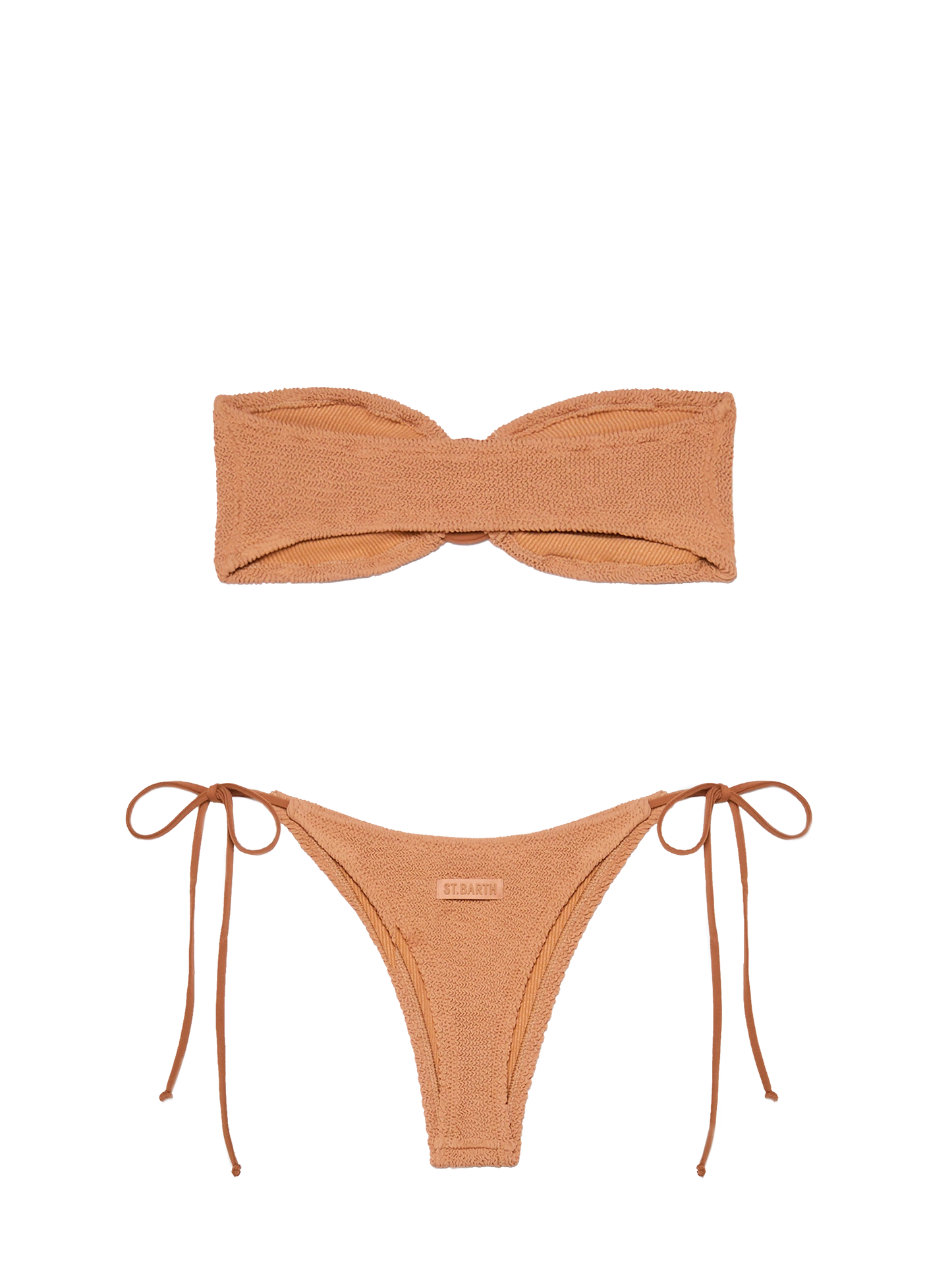 Bikini Yulia Norah in crinkle marrone caramello con top a fascia e slip molto sgambati