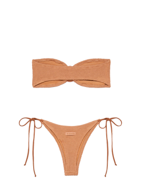 Bikini Yulia Norah in crinkle marrone caramello con top a fascia e slip molto sgambati