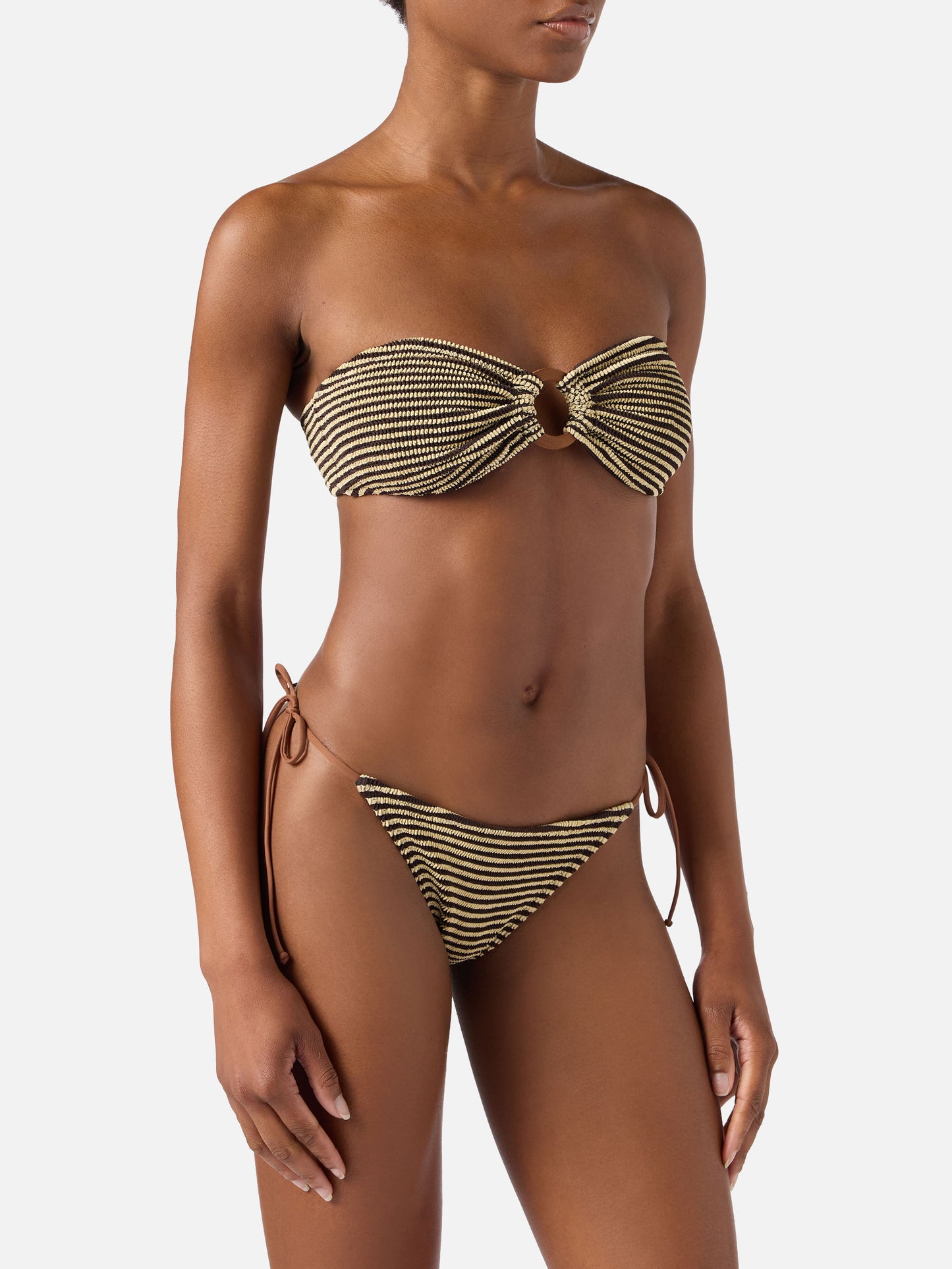 Yulia Marielle gekräuselter Bikini mit braunen und beigen Streifen 