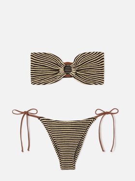 Yulia Marielle brown and beige striped crinkle bikini