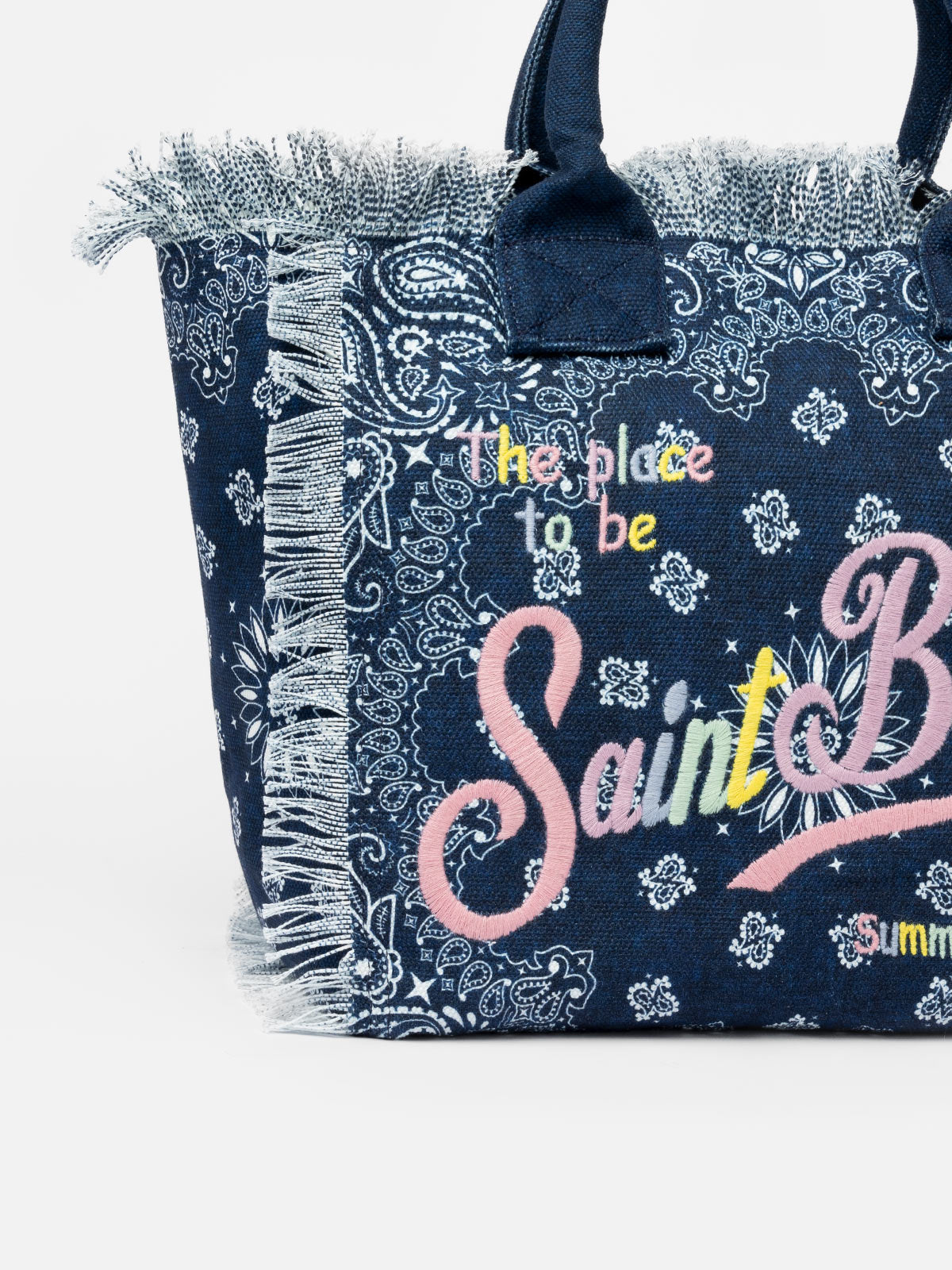 Denim blue cotton canvas Vanity tote bag with badanna print - MC2 Saint Barth