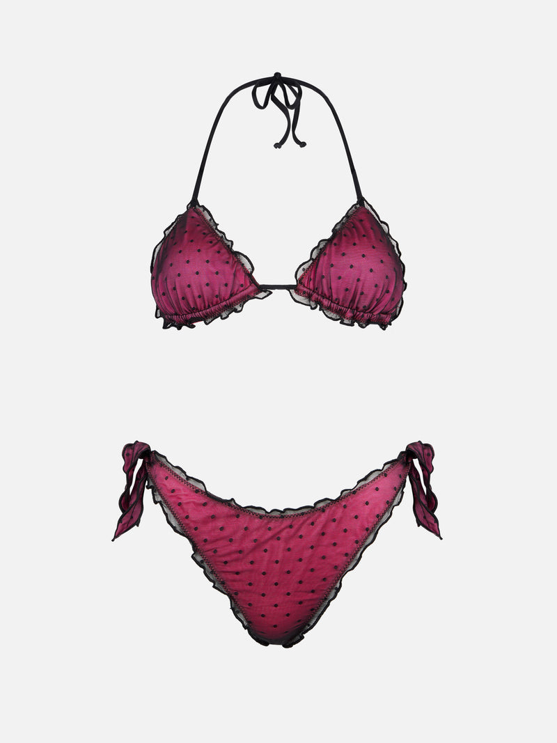 Bikini fucsia lucido con tulle nero a pois