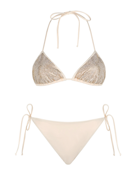Bikini da donna a triangolo beige con strass