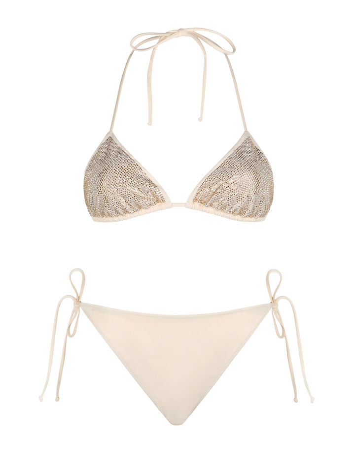 Woman triangle beige bikini with rhinestones