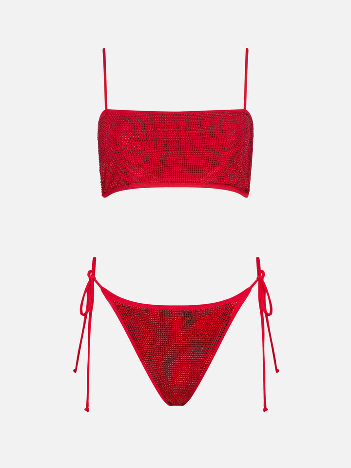 Roter Bandeau-Bikini für Damen mit Strasssteinen