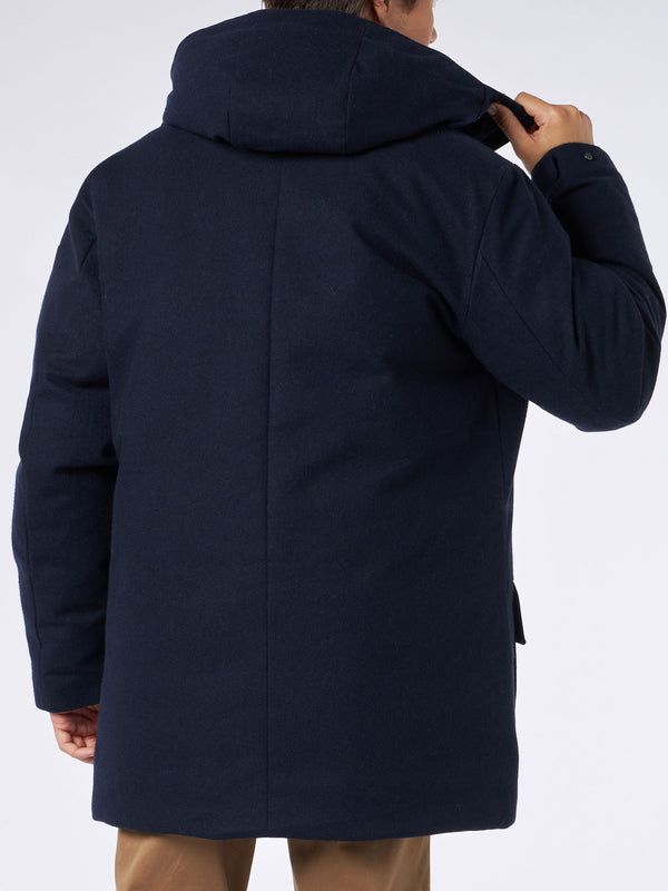 Man hooded blue parka jacket