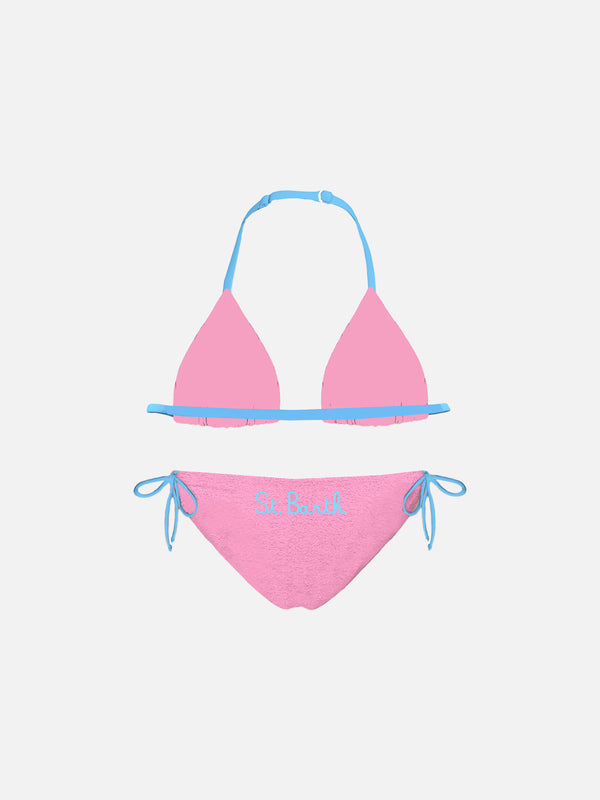 Girl pink triangle bikini with piping