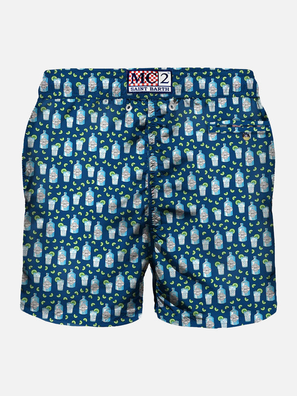 Man light fabric swim shorts with gin bottle print