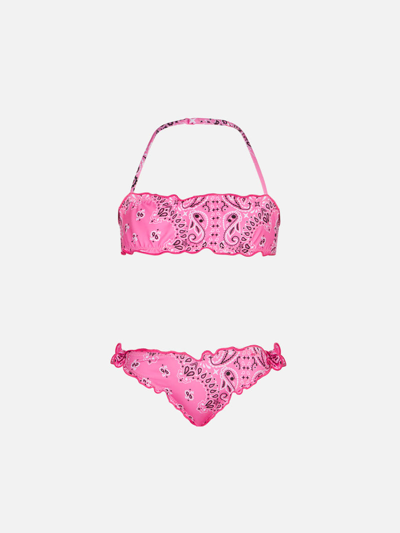 Girl bandeau bikini with pink bandanna print