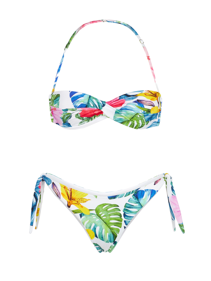 Woman bandeau bikini with tropical print