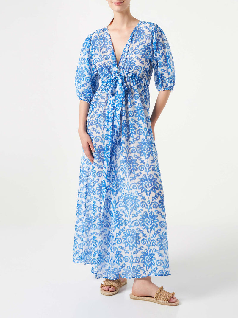 Langes Strandkleid Bliss aus Baumwolle und Seide mit Ikat-Print