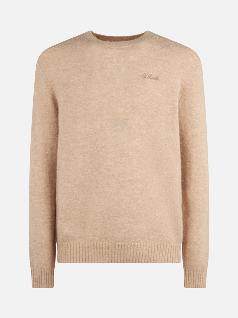 Man beige stretch alpaca sweater with St. Barth embroidery