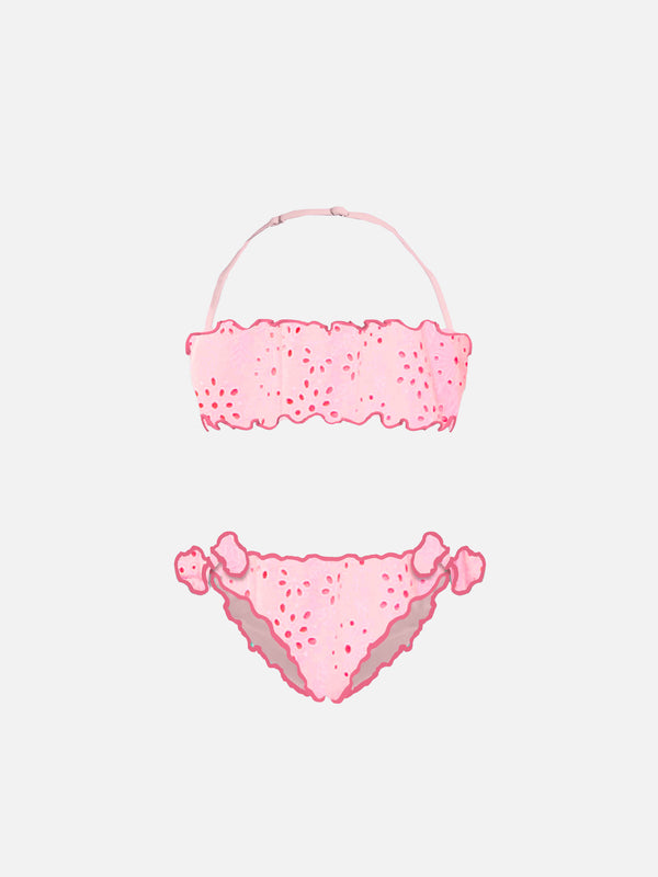 Bikini a fascia in sangallo rosa da bambina