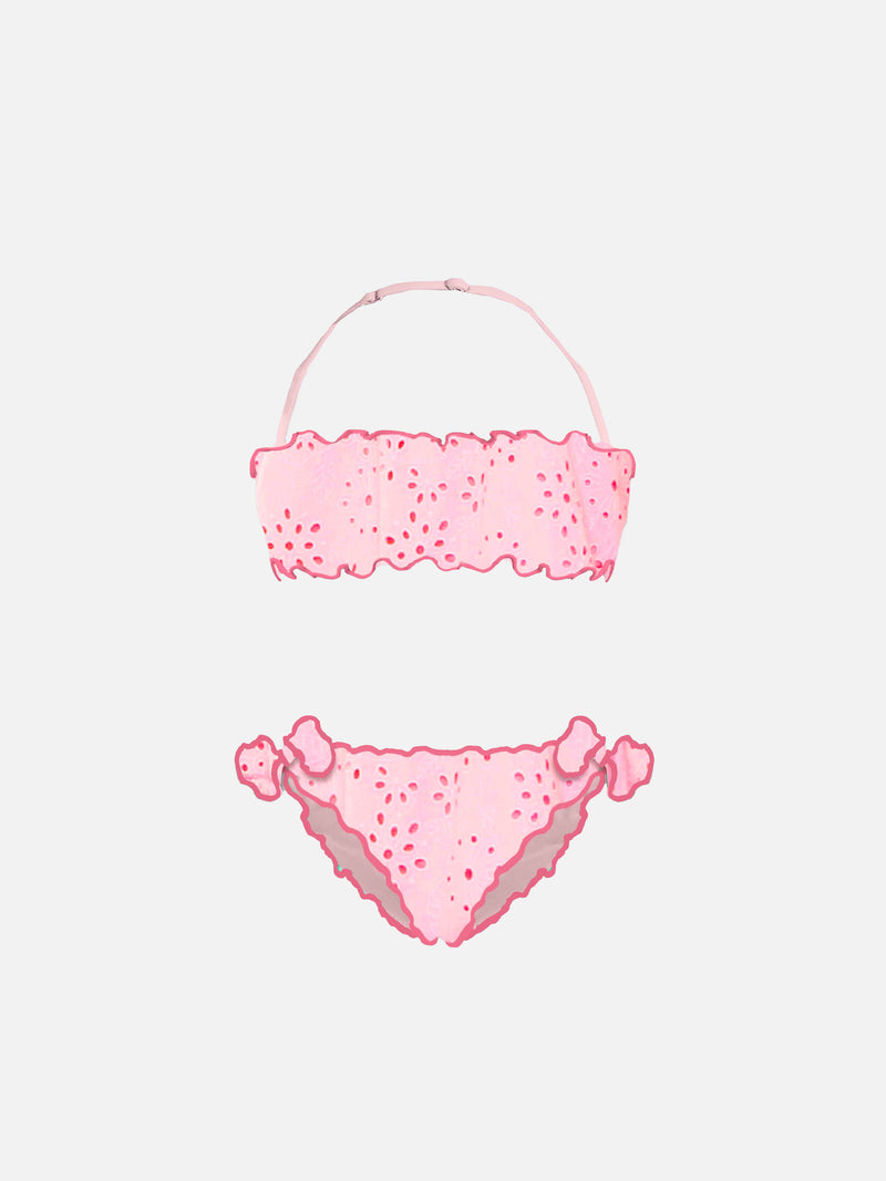 Bikini a fascia in sangallo rosa da bambina