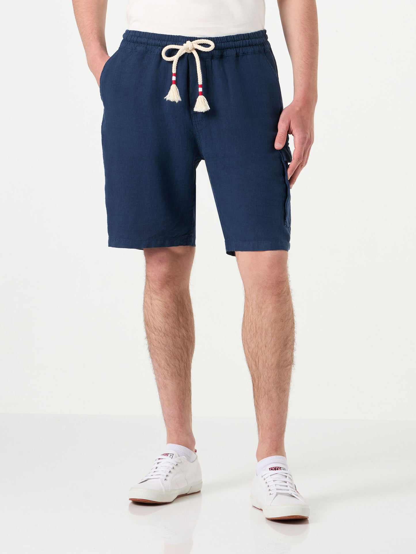 Man linen blue navy bermuda shorts