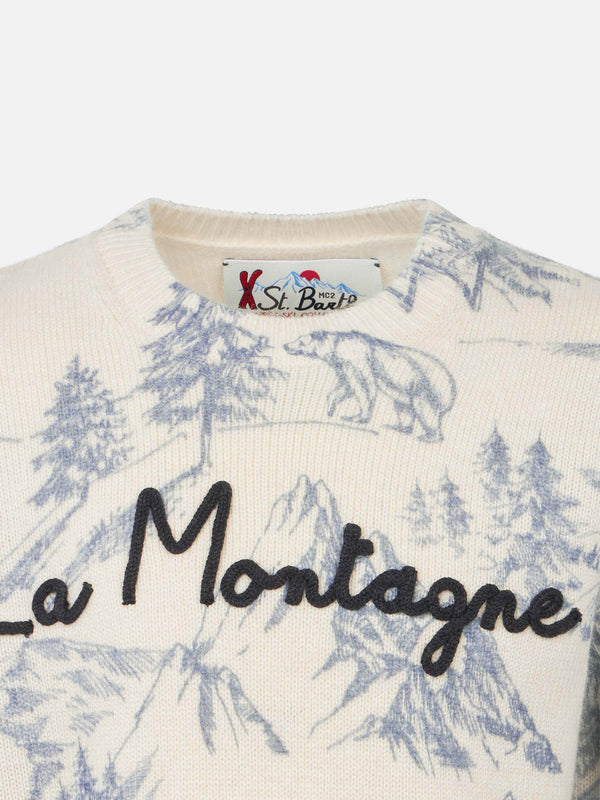 Boy crewneck toile de jouy sweater with La Montagne embroidery