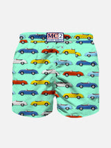 Boy light fabric swim shorts with multicolor car print