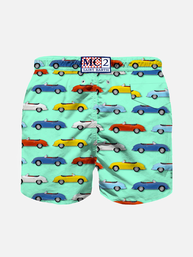 Boy light fabric swim shorts with multicolor car print