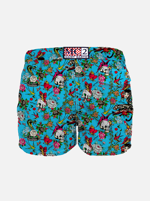 Tattoo print light fabric boy swim shorts