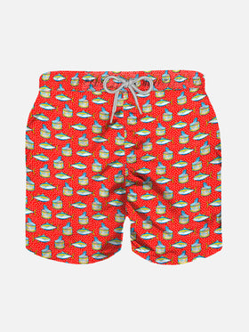 Micro tuna box print boy's light red swimshorts