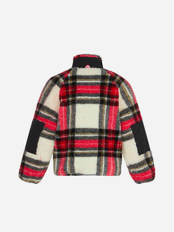 Kids tartan sherpa jacket with St. Barth Bob Club embroidery