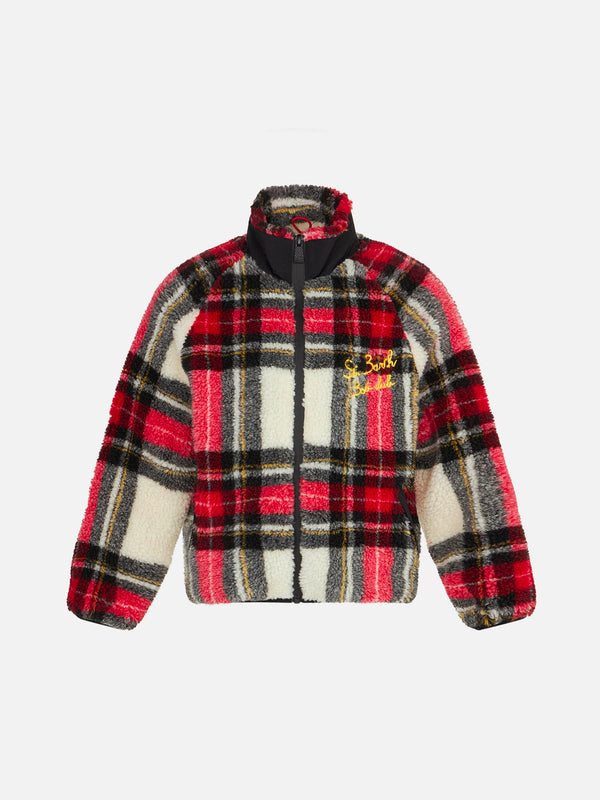 Kids tartan sherpa jacket with St. Barth Bob Club embroidery