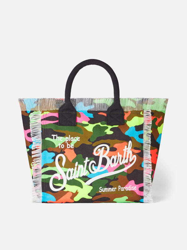 Borsa a spalla Vanity in canvas con stampa camouflage fluo