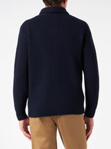 Man shawl collar blue ribbed cardigan with pockets and patch