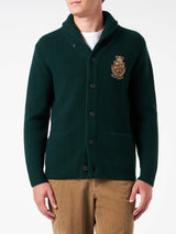 Man shawl collar green ribbed cardigan with pockets and patch