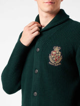 Man shawl collar green ribbed cardigan with pockets and patch