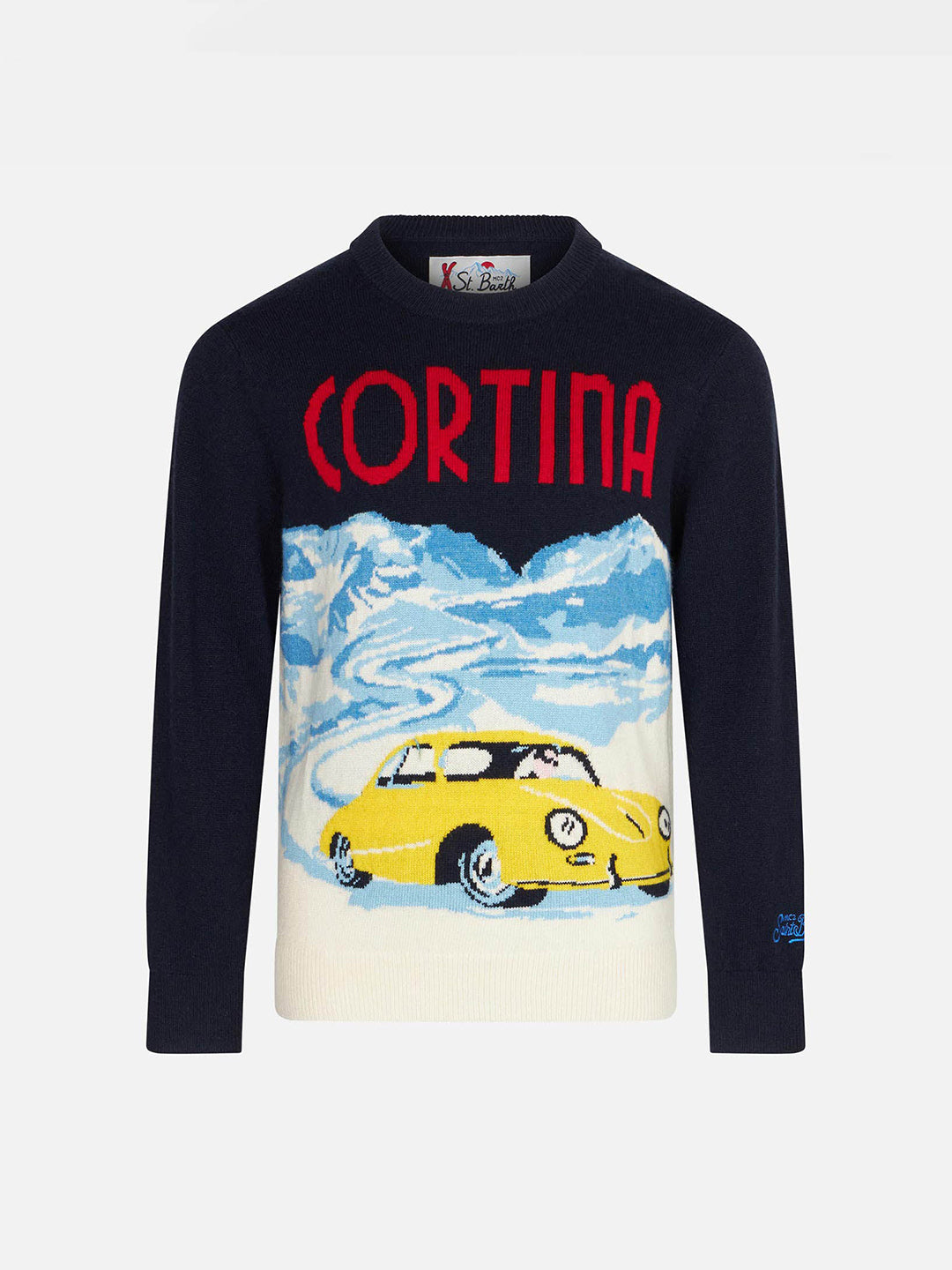 Boy navy blue sweater with Cortina jacquard