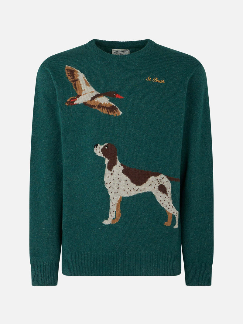 Maglia da uomo girocollo in donegal con stampa jacquard cani country