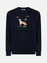 Man crewneck donegal sweater with English pointer jacquard print