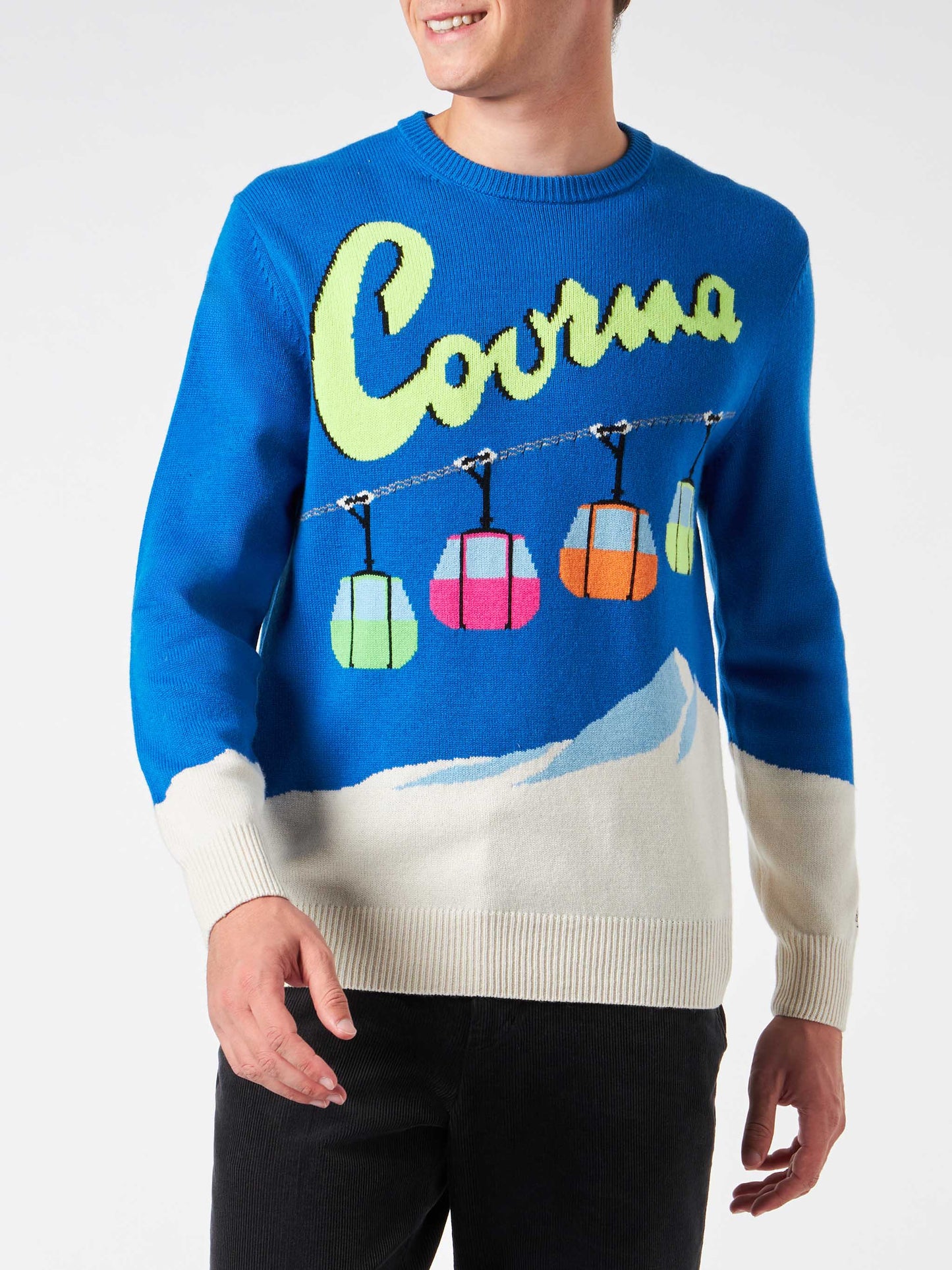 Maglione da uomo girocollo con stampa jacquard cartolina Courma  e seggiovia