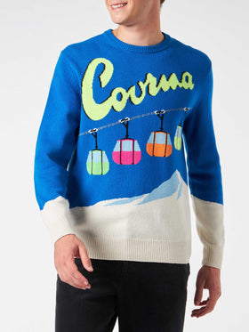 Maglione da uomo girocollo con stampa jacquard cartolina Courma  e seggiovia