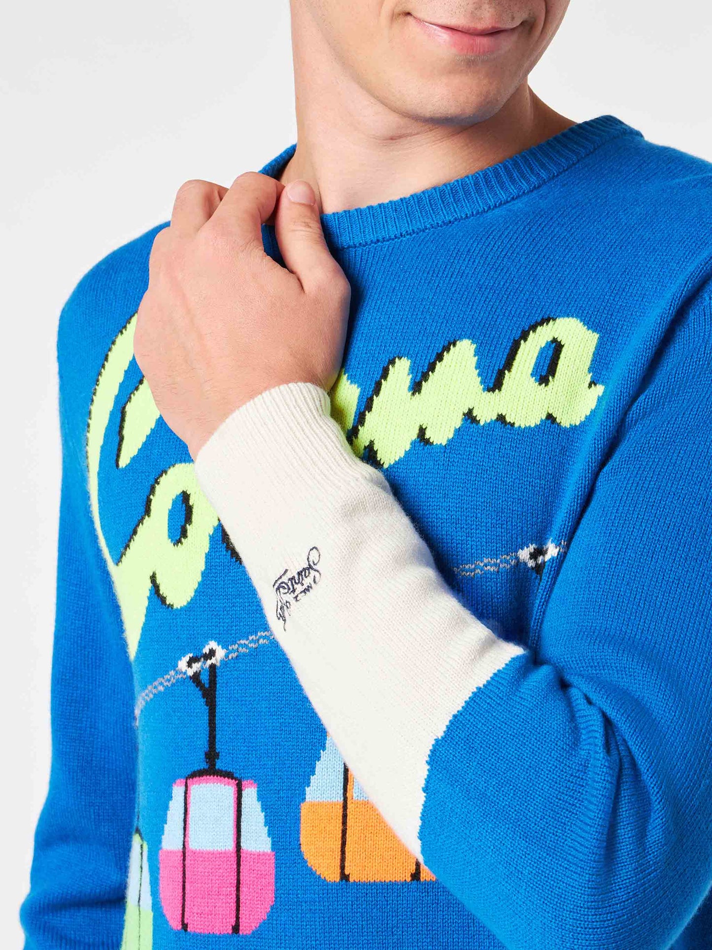 Maglione da uomo girocollo con stampa jacquard cartolina Courma  e seggiovia