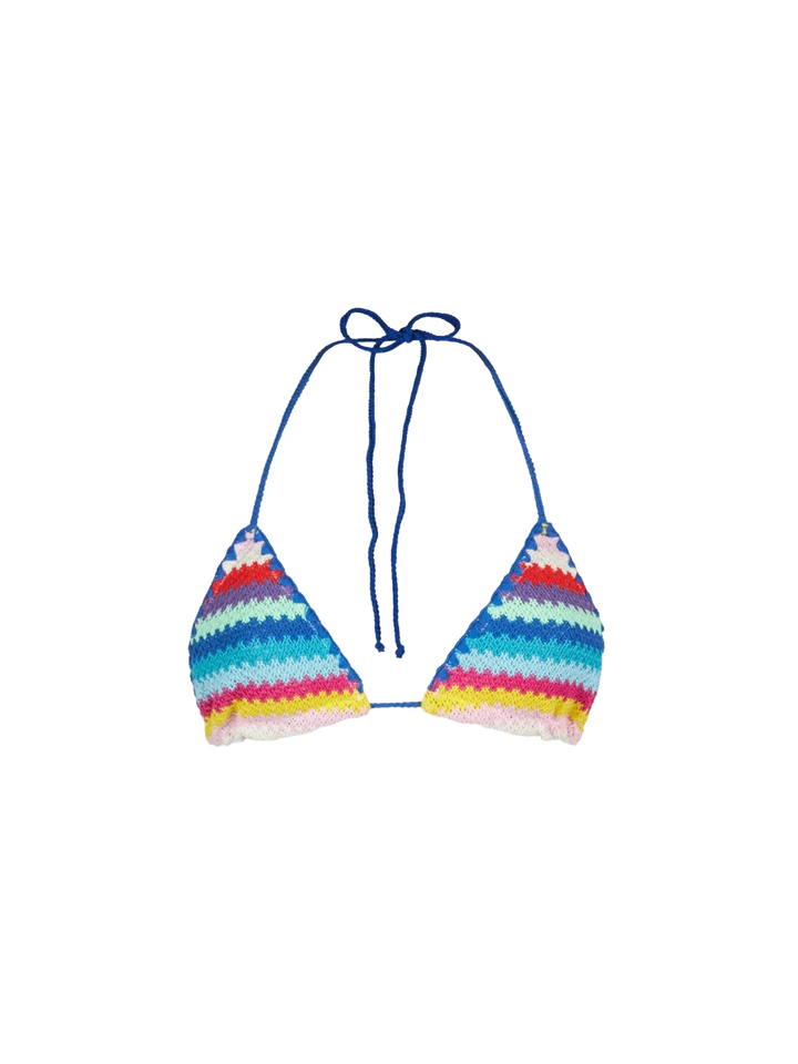 Woman crochet triangle top swimsuit with multicolor stripes