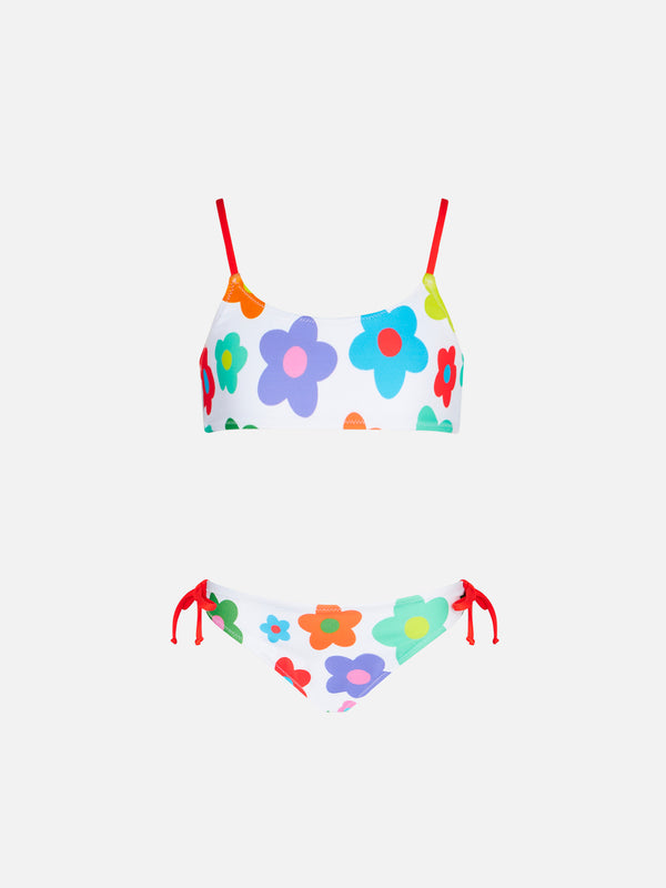 Bikini da bambina a bralette con stampa margherite multicolore