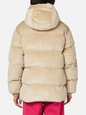 Piumino da donna imbottito in velluto a coste beige con cappuccio