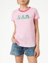 Fucsia striped cotton t-shirt with St. Barth embroidery