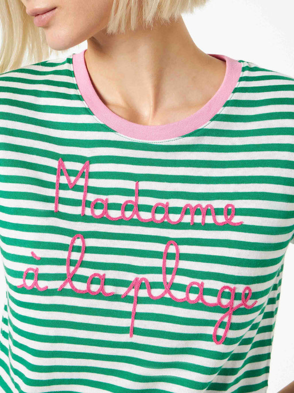 Green cotton t-shirt with Madame à la plage embroidery