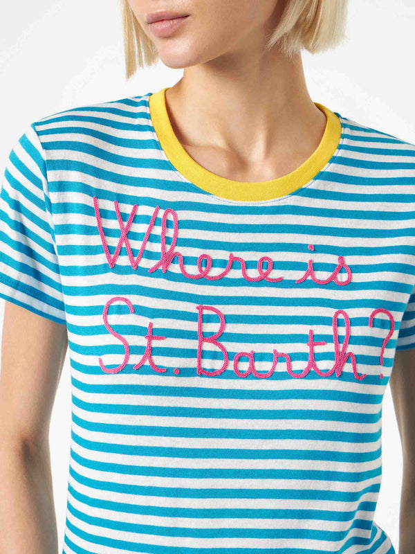 T-shirt in cotone bluette con ricamo Where is St. Barth? 