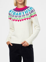 Woman crewneck white sweater with fair isle heart print